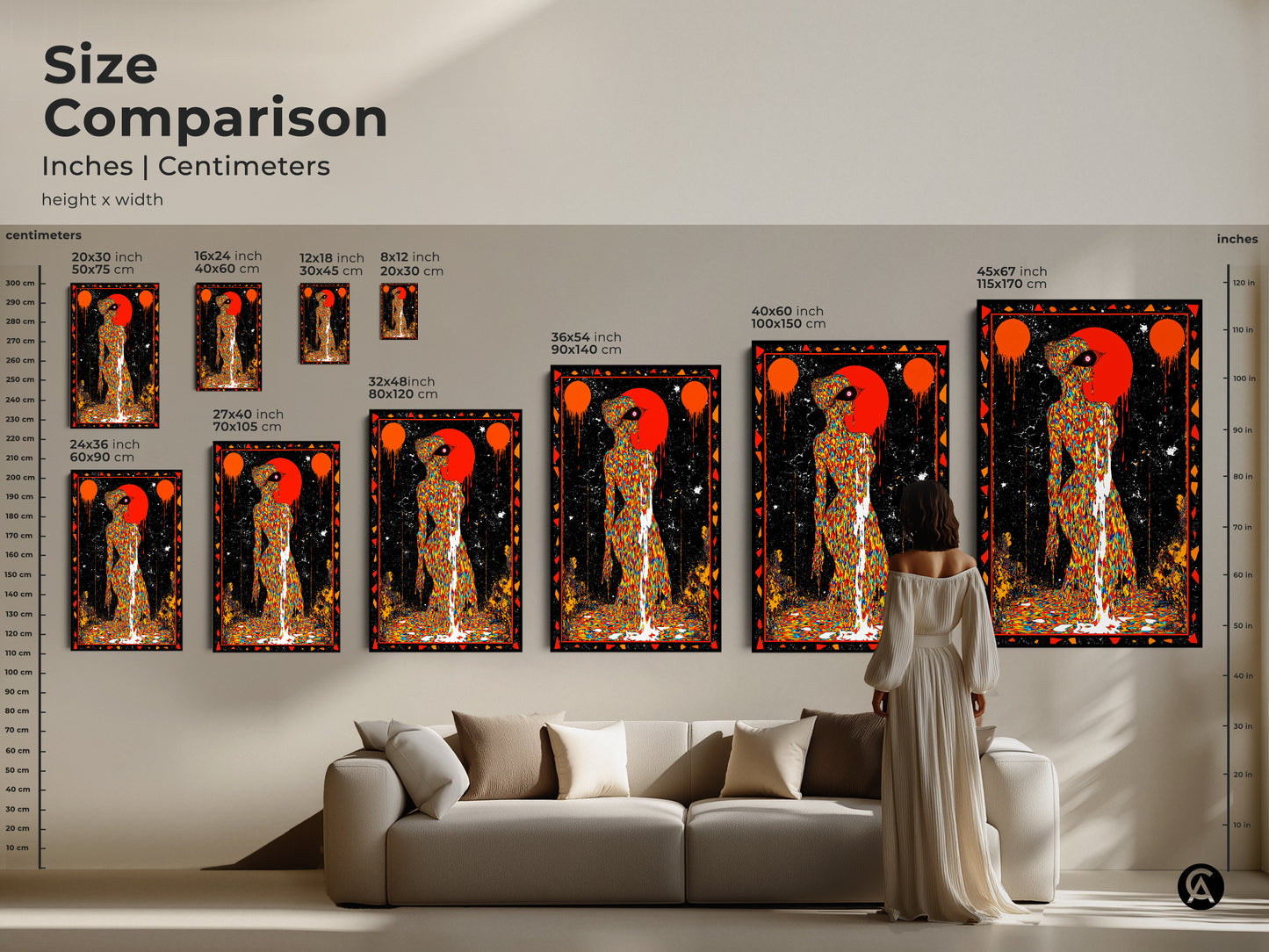 Size comparison featuring inches and centimeters of art pieces. A woman stands beside multi-colored psychedelic art. Envision surreal drip effect wall art in your home. This canvas art adds a touch of eclectic home decor. Black accents bring a modern surrealism print to life. Elevate your living space with this art.