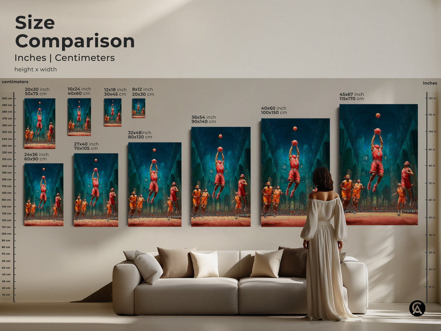 Compare sizes of the basketball dunk cathedral art print in inches and centimeters. Perfect for teen room decor or a unique basketball gift. Choose from canvas or poster options to match your decor and style.