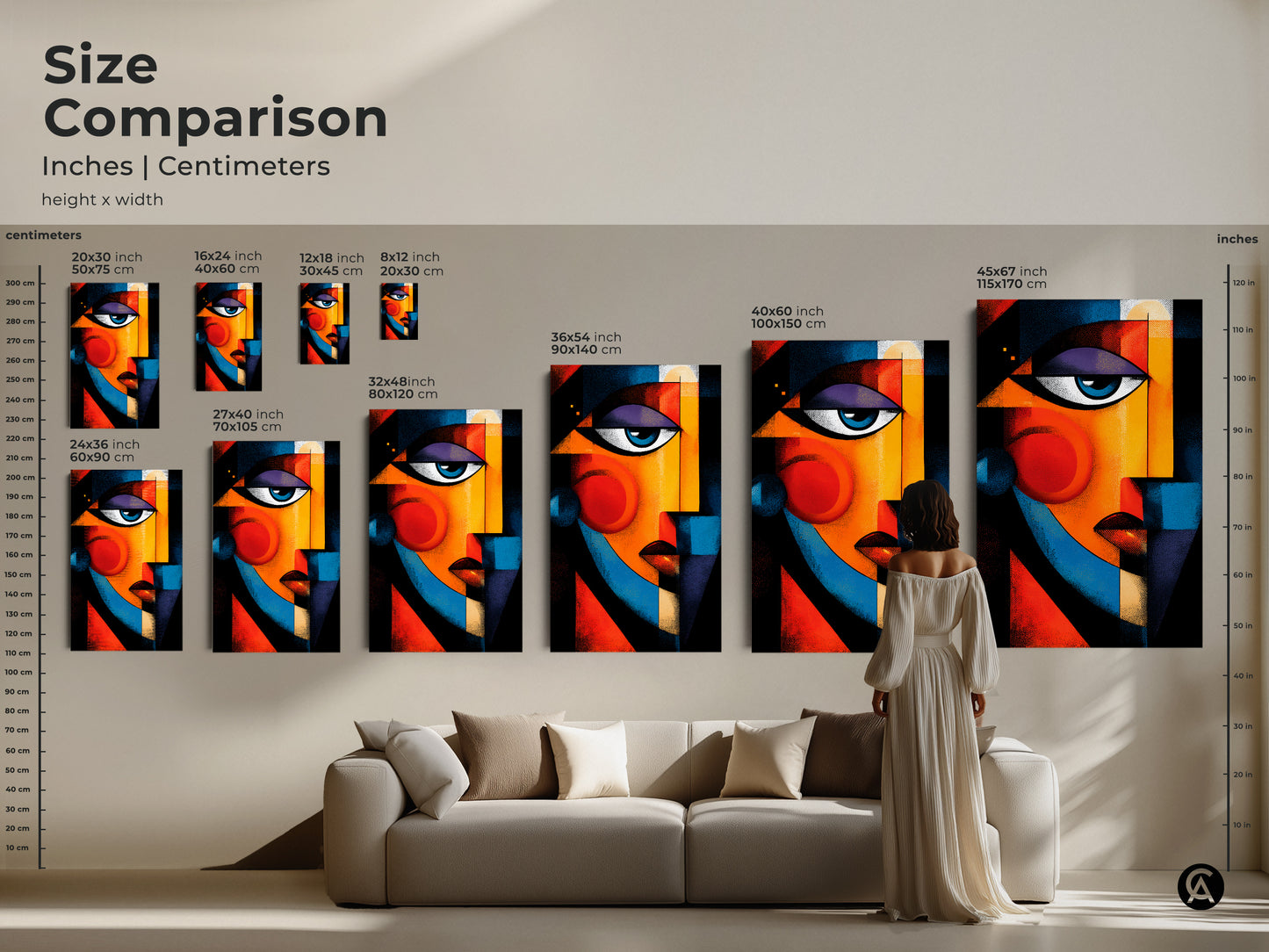 Size comparison of abstract face art prints. Visualize inches and centimeters for various canvas and poster sizes. Find the perfect scale to enhance your living room or office space.