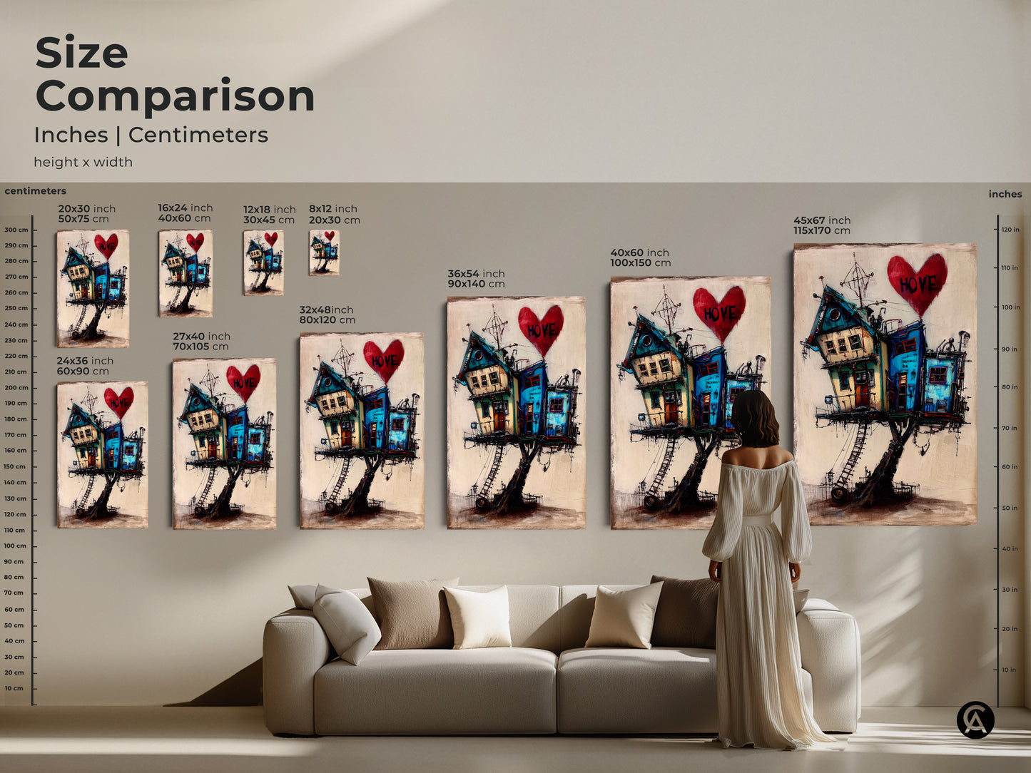Virus scan warning on Google Drive for an image of surreal house art. A whimsical house on stilts with a red heart is offered as eclectic home decor. Download the teal blue and red canvas artwork at your own risk. Art for quirky homes.
