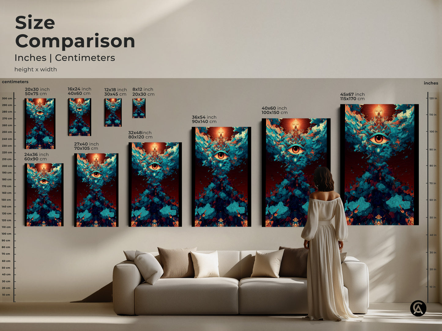 Size comparison of abstract eye canvas art. Inches and centimeters shown for various sizes. See how the artwork fits above a sofa. Visualize the perfect size for your space. Perfect spiritual abstract art for eclectic home decor.