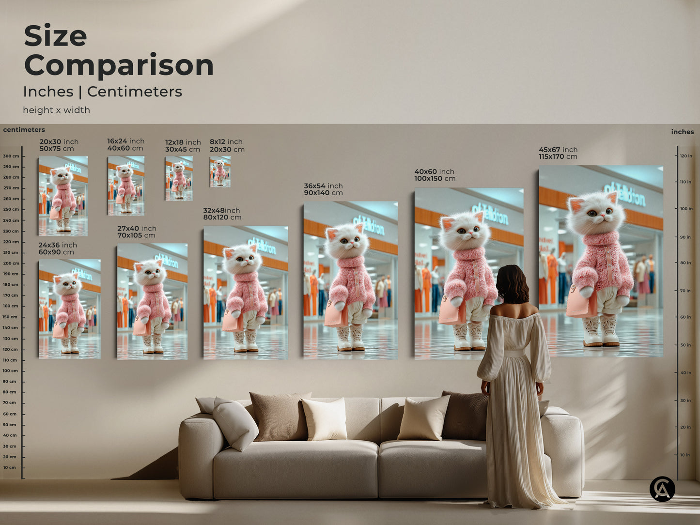 Size comparison of a cute cat art print in various dimensions. See how the artwork looks in different sizes from small to large. Perfect for visualizing the cat art in your living room or office space.