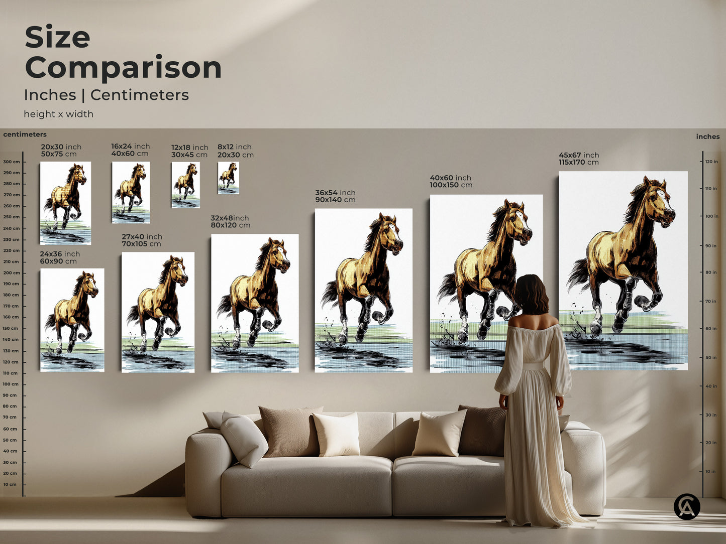 Size comparison for the graphic horse art print in inches and centimeters. See the galloping horse artwork in various dimensions. Visualize how each size fits above a sofa. Select the perfect scale for your equestrian canvas wall art to enhance your home decor. Buy now