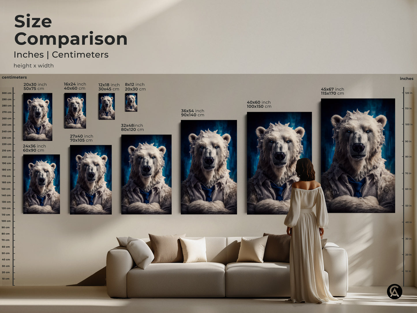 Size comparison of the surreal polar bear artwork. A woman stands next to various sizes. Find the perfect size for this wildlife portrait canvas. This would be excellent office wall decor. Buy cool animal artwork now.