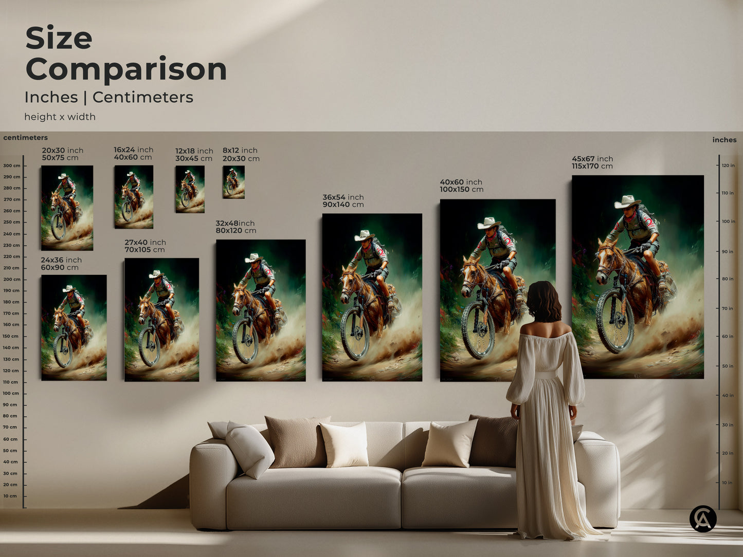 Size comparison of cowboy horse riding with mountain bike artwork in inches and centimeters. Options range from 20x30 inch to 45x67 inch. Visualize how this rustic outdoor adventure digital painting fits above your sofa. A unique blend of western and cycling themes enhances any room. Showcase action and nature