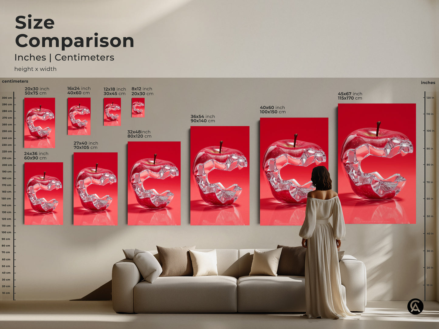 Size Comparison of a crystal apple artwork in various dimensions. This modern still life canvas is perfect as red abstract kitchen decor. See how it fits above a sofa for a stunning display.