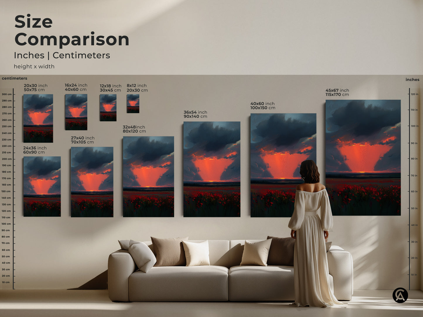 Size comparison of Crimson Poppy Field artwork. Inches and centimeters are both shown. See how different sizes fit above a couch. Visualize the impact of this sunset canvas in your living room. From small to large art.