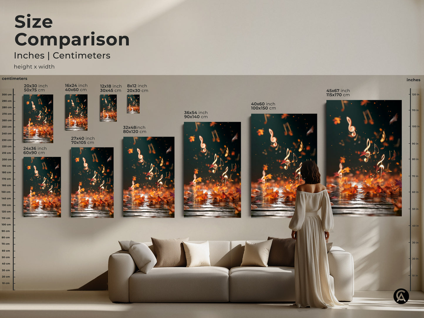 Size comparison of abstract autumn music art. See inches and centimeters. Visualize the art in various sizes with a model and sofa. Perfect for home music studios. This teal gold artwork adds an artistic touch to any room. Ideal for music lovers and autumn enthusiasts.