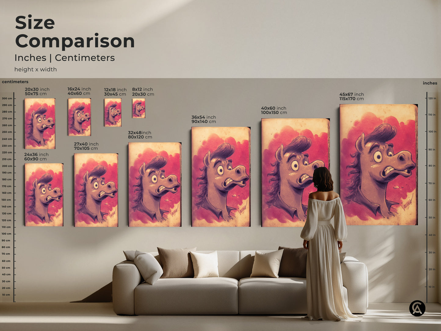 Compare sizes of cartoon horse art in inches and centimeters. See how this pink purple horse print fits above a couch. Perfect eclectic office decor to enhance your space. A whimsical animal art piece you'll love. Great horse lover gift idea.