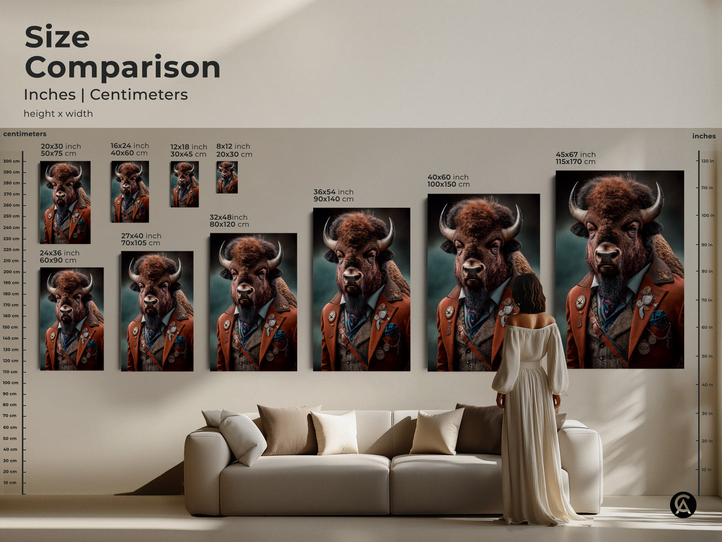 A size comparison guide displays various sizes of the steampunk bison artwork. Inches and centimeters are included for each art size. The anthropomorphic animal canvas sizes range from small to large. You can see how each size complements furniture. It will add character to a study or office.