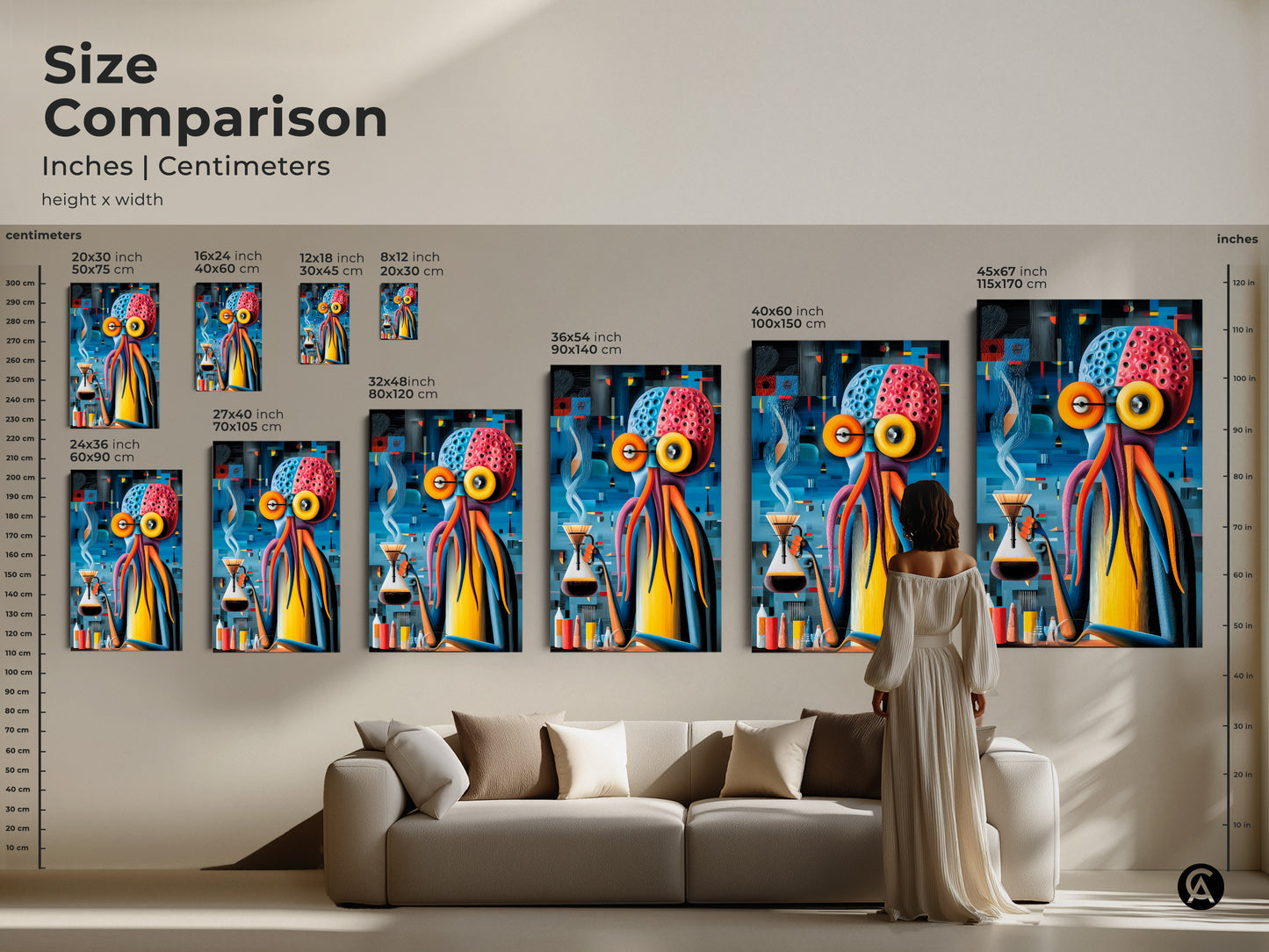 Surreal octopus art print is displayed. The abstract painting shows an octopus making pour over coffee. This eclectic blue and orange wall art would be perfect for kitchen decor. This is a unique gift for coffee lovers. This surrealism home decor will add vibrant fantasy to your living space.