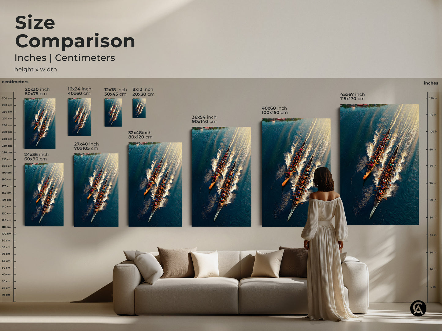 Size comparison of rowing team art in inches and centimeters. The canvas and poster options available in various sizes. From small to extra-large. Find the ideal artwork for your space. Teal blue and gold tones enhance any room. Perfect for sports enthusiasts.