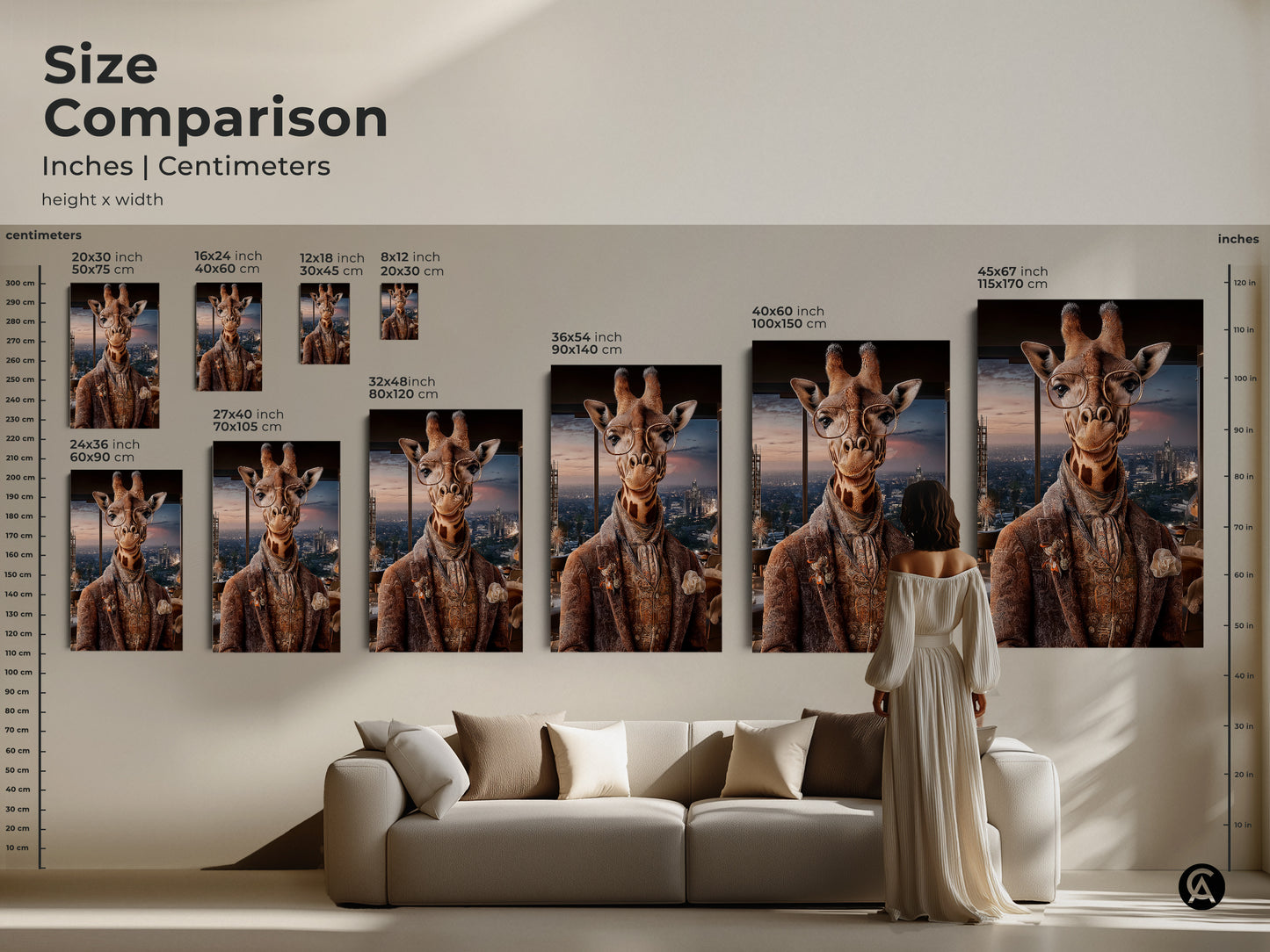 Size comparison guide for the giraffe art showcasing inches and centimeters. Sizes range from small to large. This art adds sophistication to any space from small spaces to above a living room couch.