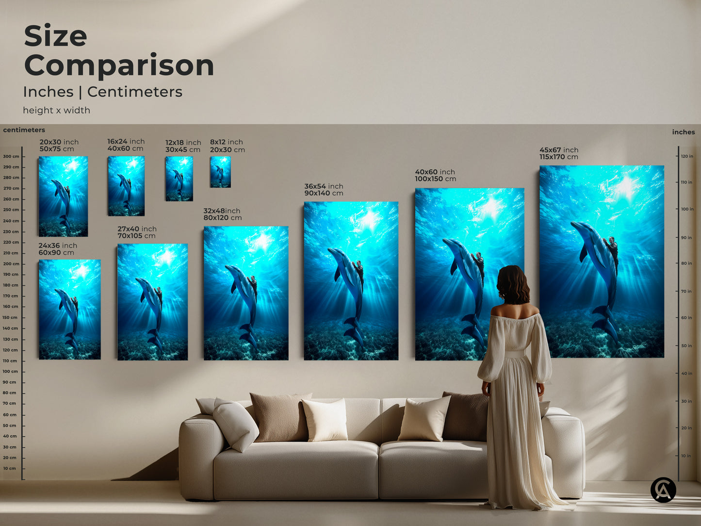 Size comparison for dolphin canvas art is here. See the artwork in inches and centimeters. Visualize the deep blue underwater scene in different sizes. Find the perfect photorealistic ocean wall decor for your home. It is a unique coastal art gift.