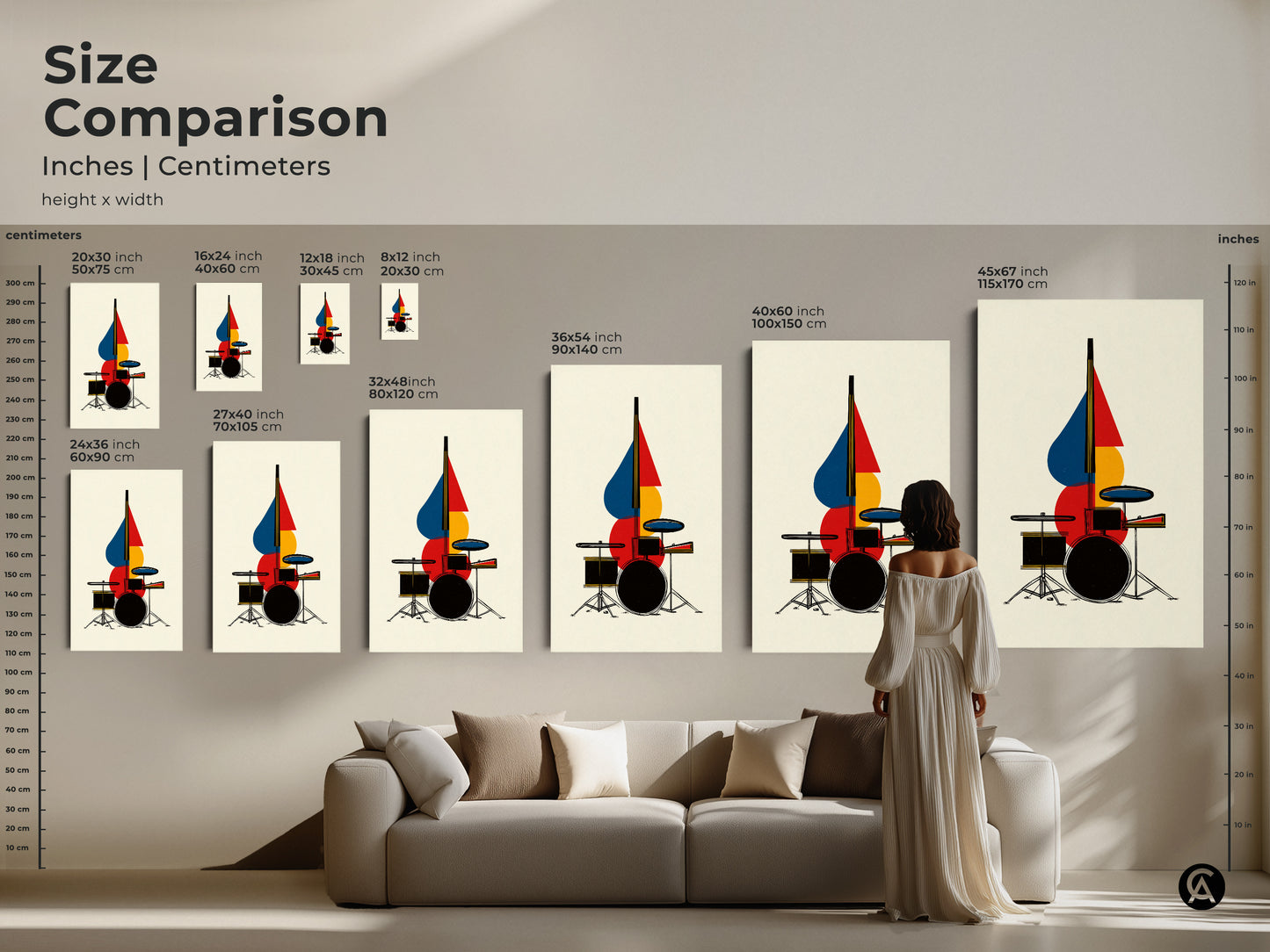 Compare sizes of abstract drum set art in inches and centimeters. See how geometric music wall decor fits above a sofa. Find the perfect scale for canvas or poster prints. Choose art that complements your space. It will enhance any modern interior.
