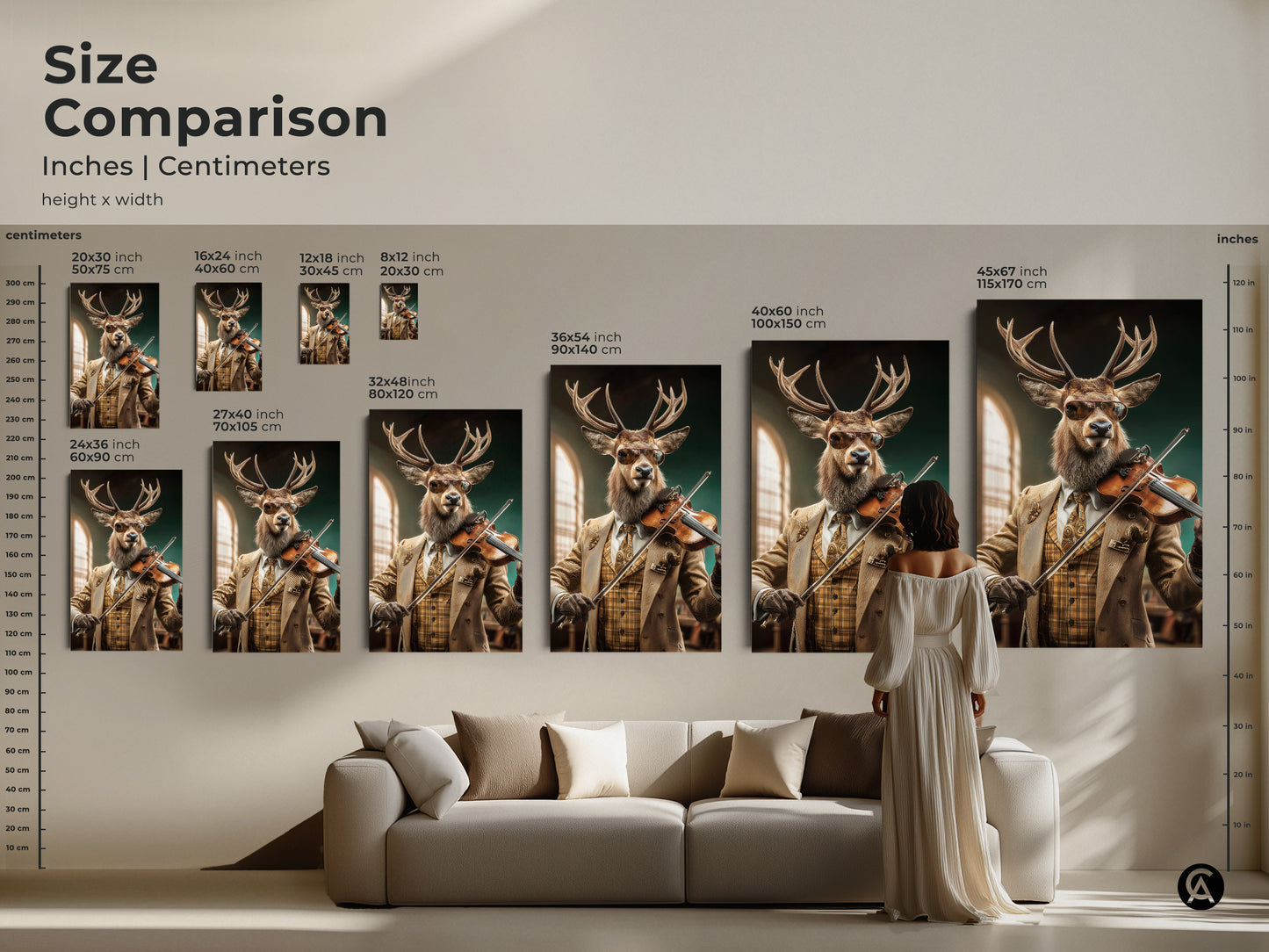Size comparison showcasing the deer playing violin artwork in various dimensions. Inches and centimeters are displayed. Perfect for envisioning the artwork in your space. This canvas art adds an eclectic touch to your home. Transform your living room with this unique focal point.