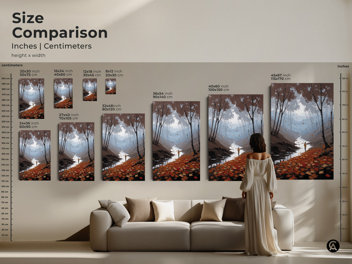 Size Comparison of Nature Landscape Canvas Art Print. See the sizes in inches and centimeters. The art displays an autumn forest river scene with a hiker. This impressionist painting is perfect as Scandinavian wall decor.