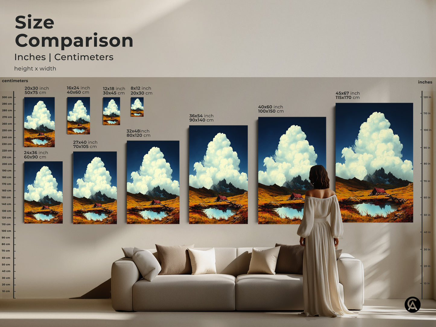 Size comparison of mountain cabin canvas wall art. See inches and centimeters. Perfect for visualizing artwork dimensions. Choose the ideal size for your space. Alpine lake landscape print adds rustic charm. Golden field artwork enhances your home. Decorate with nature inspired art.