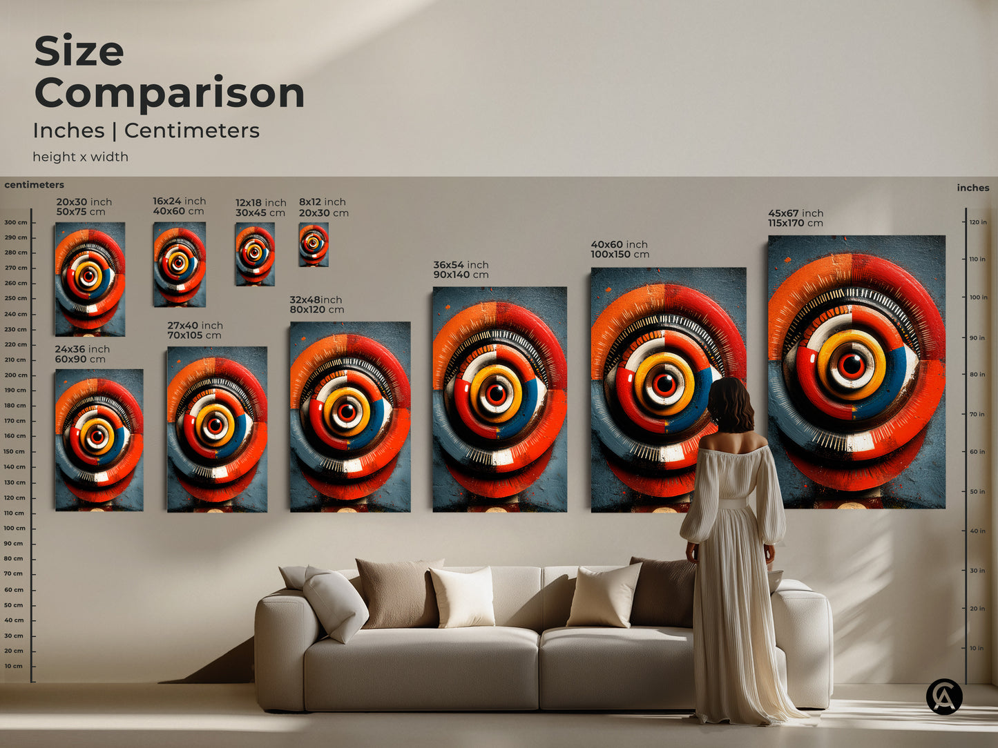 Shows different sizes of abstract geometric eye wall art. This vibrant artwork adds a modern touch to any space. Perfect as eclectic home art or office decor. The red orange and blue artwork creates a psychedelic optical illusion. It is a striking piece and unique for art enthusiasts looking for bohemian abstract art.