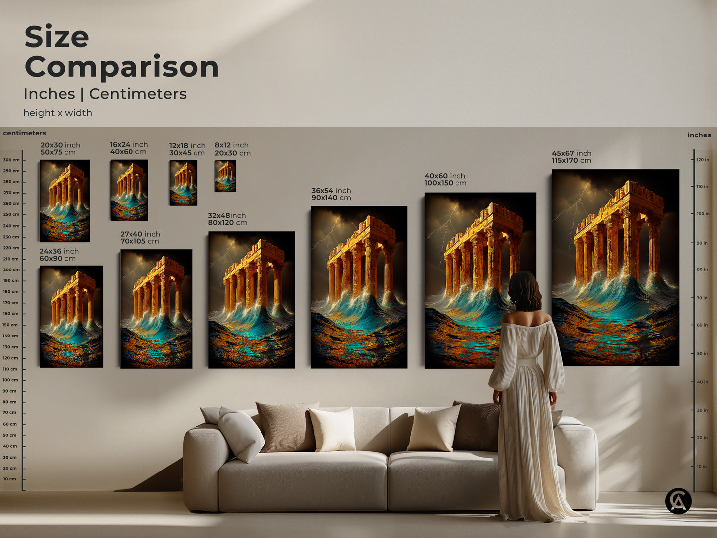 Size comparison of stormy sea Greek temple canvas art. See the different dimensions available for this mythology art print. Features golden architecture on a surreal seascape. Perfect as a unique wall hanging or housewarming gift for ancient history lovers.