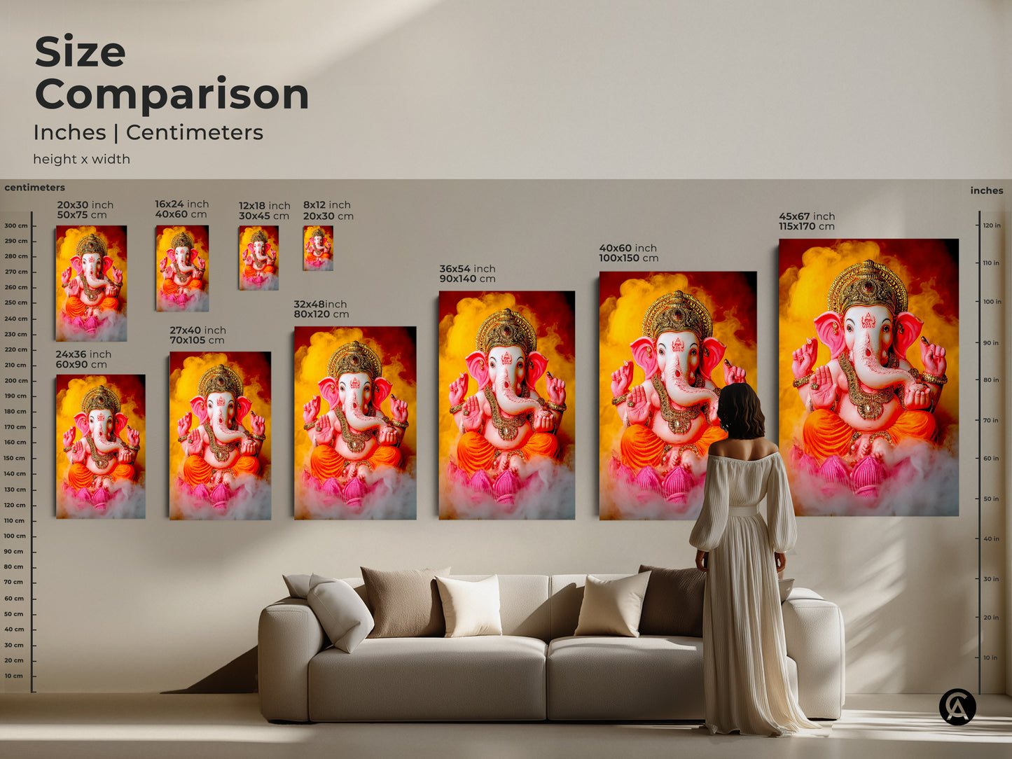 Size comparison of Lord Ganesha art in inches and centimeters. Visualize the artwork in various dimensions for your space. The sizes range from small to large. Perfect for adding spiritual energy to any room. Find the ideal fit for your eclectic wall art.