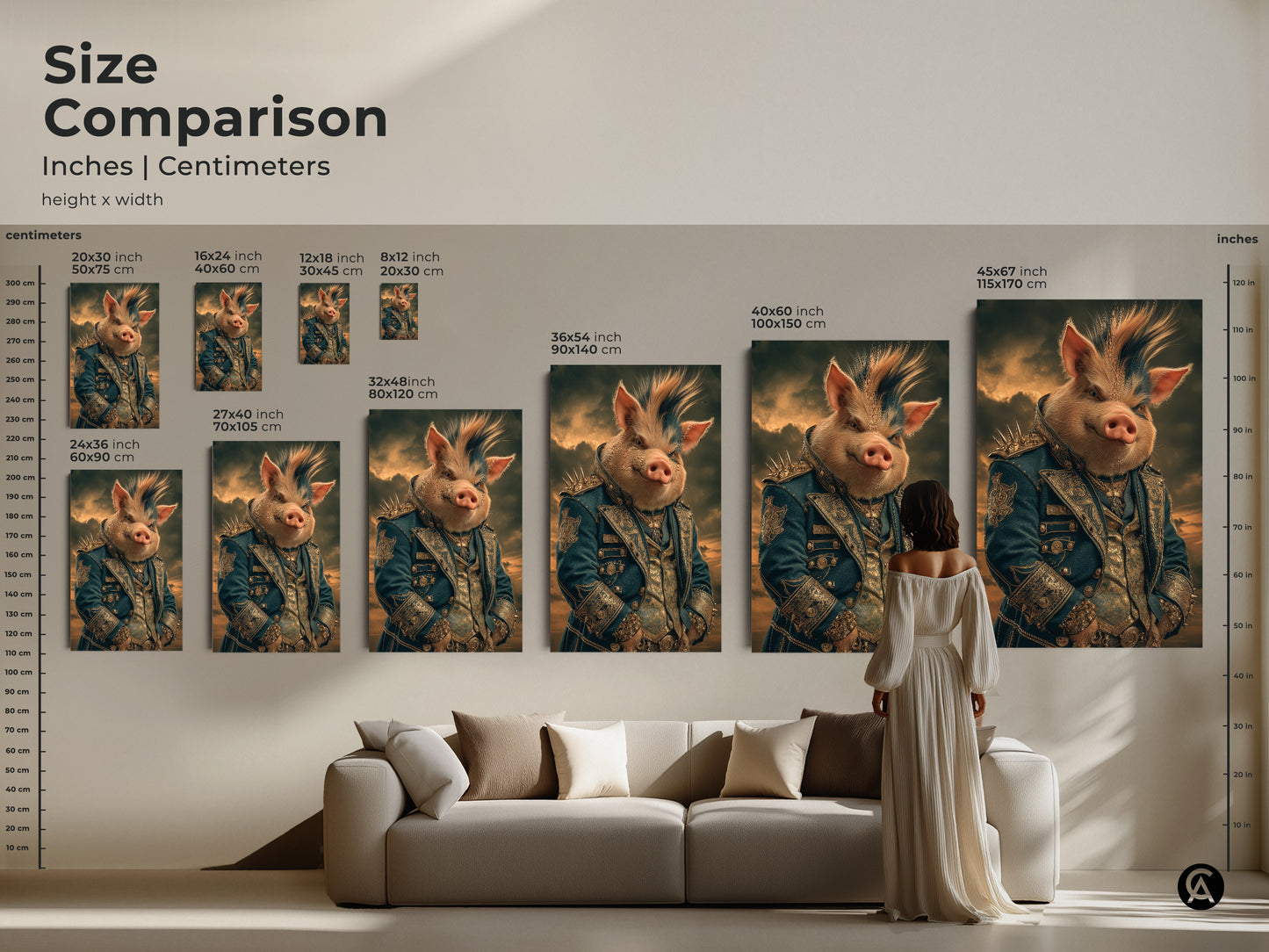 Size comparison of a regal pig aristocrat artwork in a living room. Gothic fantasy pig art is shown in various sizes above a couch to portray the actual size of the artwork in relation to furniture.