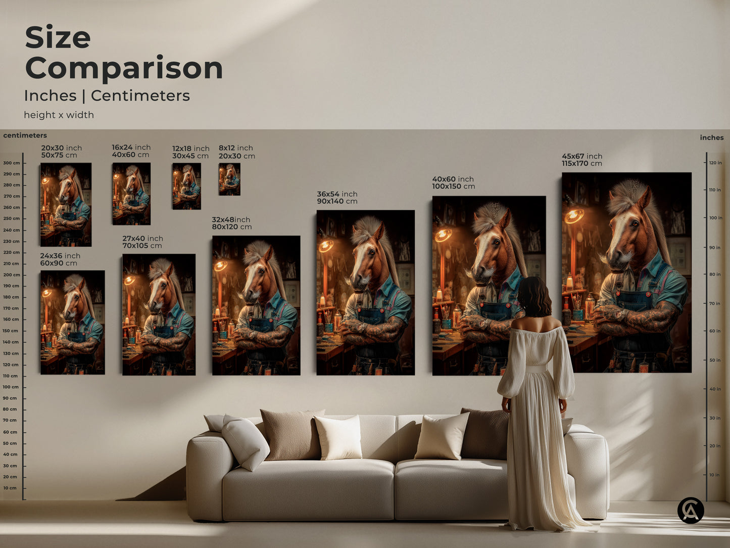 Size comparison of horse barber art prints in inches and centimeters. See how different sizes fit above a couch providing a sense of scale. Choose the perfect canvas or poster to create a statement piece. This unique animal art is ideal for man cave decor or as a conversation starter.