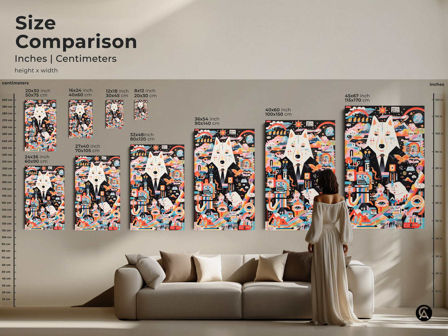 A size comparison of abstract wolf artwork in inches and centimeters. See how the multicolor canvas or poster fits above a sofa. Visualize the scale of this surreal animal art. Choose the perfect size to enhance your eclectic modern decor. A unique gift for art lovers.