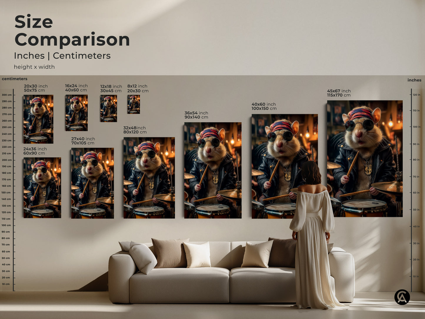 Size comparison of the rockabilly hamster drummer art print displayed in inches and centimeters. This retro music lover gift is showcased in various sizes above a couch. Visualize the scale of this musician gift idea. The print provides a unique pet portrait canvas.