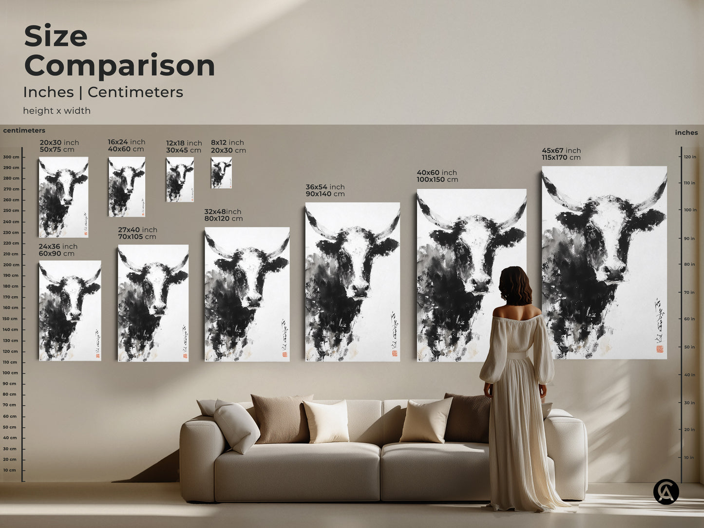 This size comparison shows a black and white bull painting in different sizes. See how the artwork looks above a couch. Each size makes a statement. This artwork will enhance your space. Choose the perfect size for your needs.