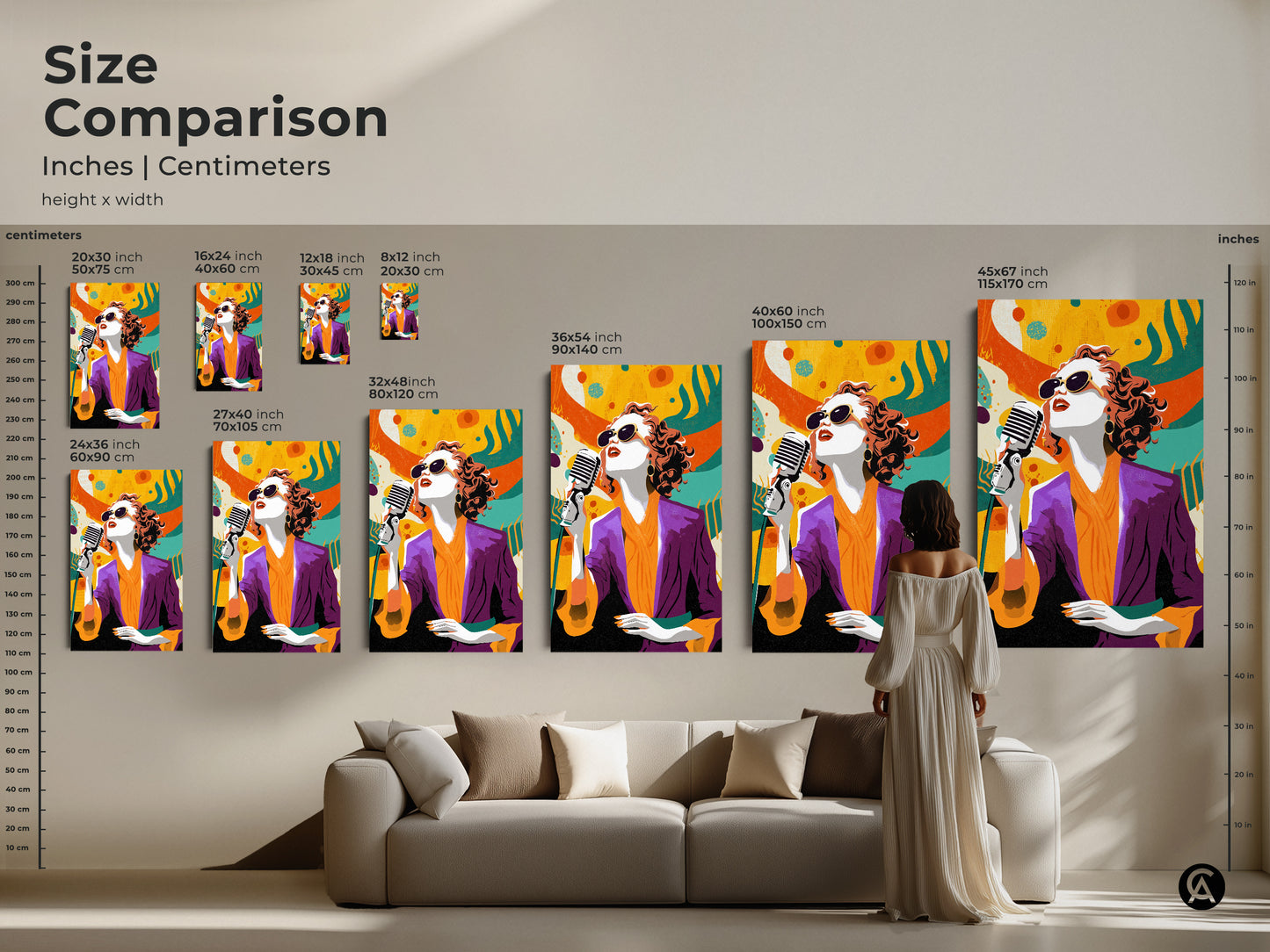 Size comparison of retro pop art singer prints in inches and centimeters. See how the artwork looks in various sizes. This eclectic orange yellow and teal artwork is perfect for any space. Visualize the impact of different sizes in your home decor.