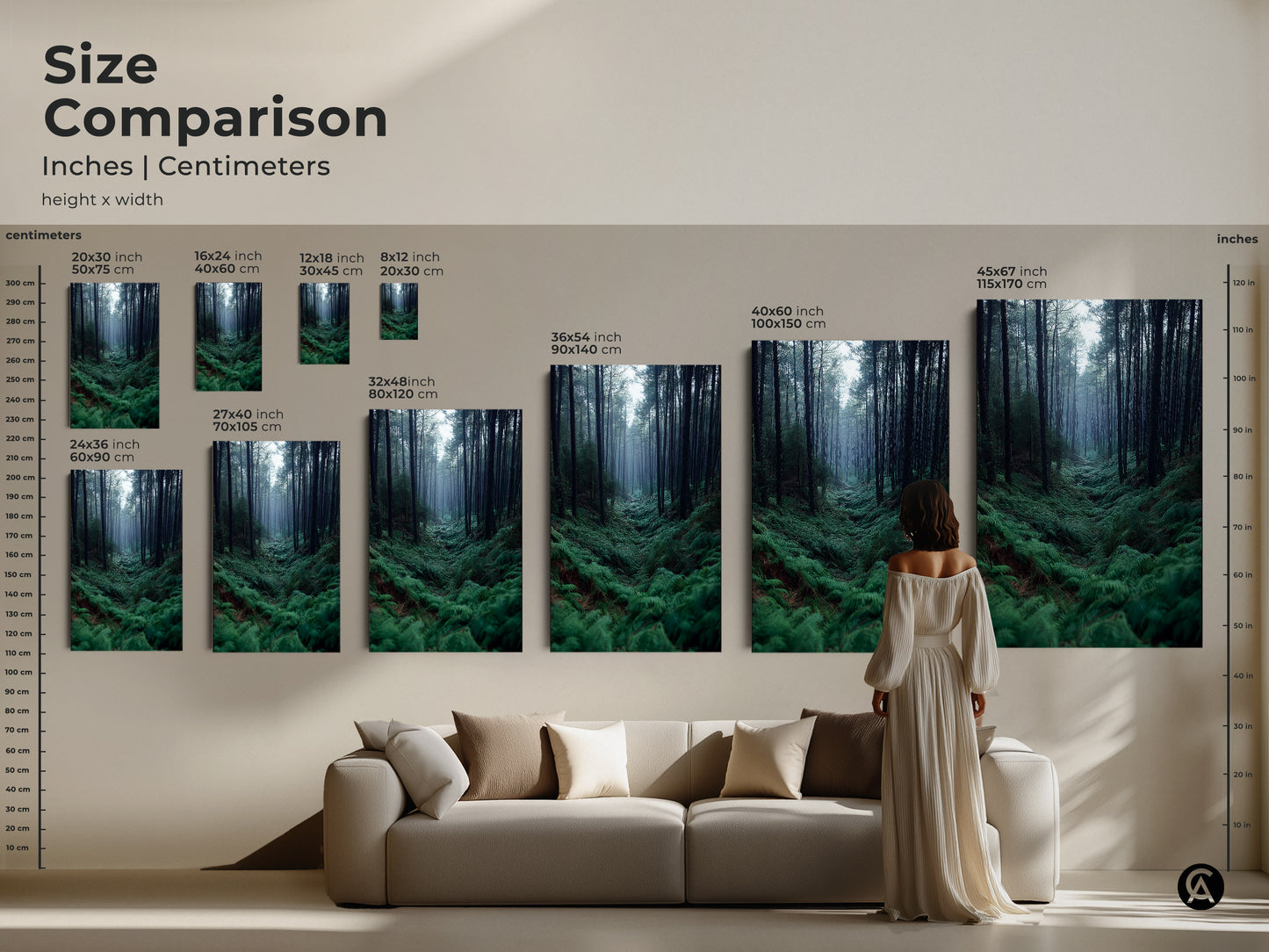 Size comparison of Misty Forest Fern artwork. See how the canvas sizes look above a sofa. Available in multiple sizes to fit your home decor needs. Perfect nature inspired art.