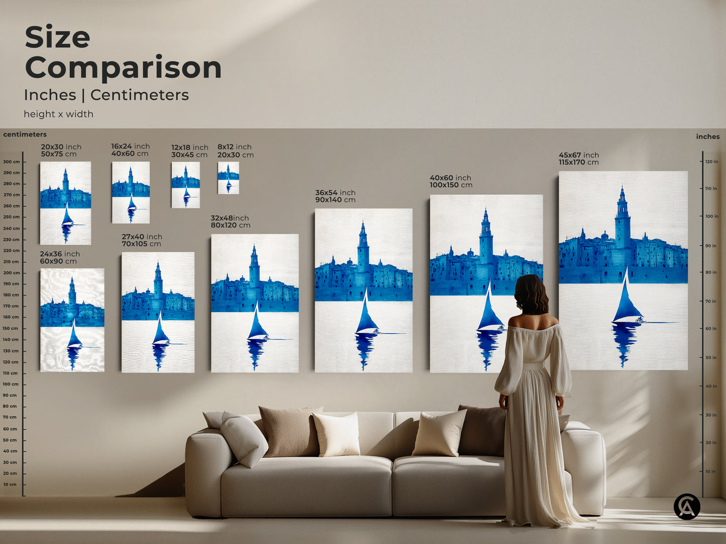 Size comparison of minimalist sailboat canvas prints. It is set against a living room backdrop to showcase dimensions. This cityscape silhouette art offers many size options for your space.