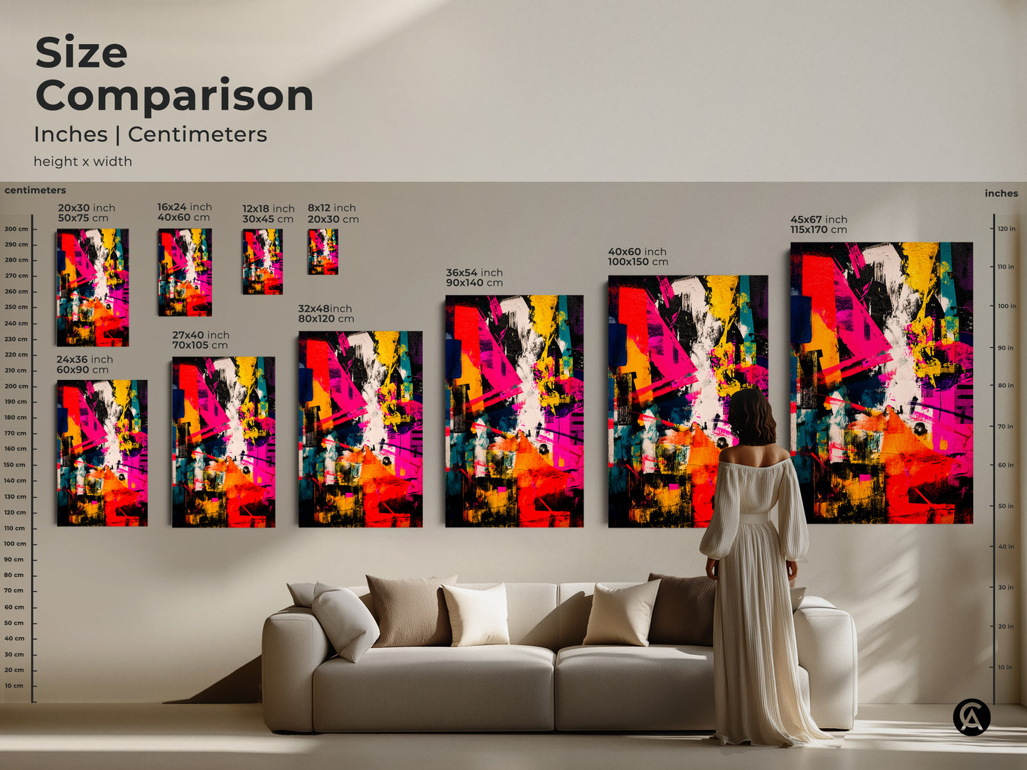 Size comparison of abstract art prints. See how different sizes look in a living room. Options range from small to extra large. Choose the ideal size for your space. Find the perfect art for your home decor. Transform your living space.