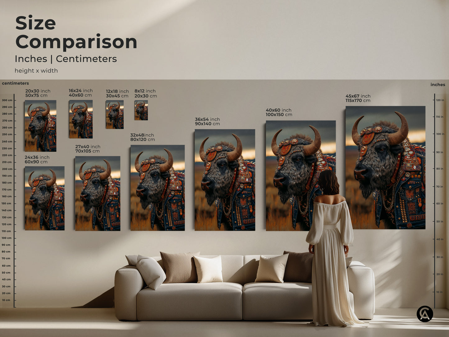 This is a size comparison guide. It shows the bison with leather jacket art in various sizes. The artwork is placed above a sofa. The canvas and poster options are available. This edgy home decor art adds character to a living space. It will make a rock music fan gift.