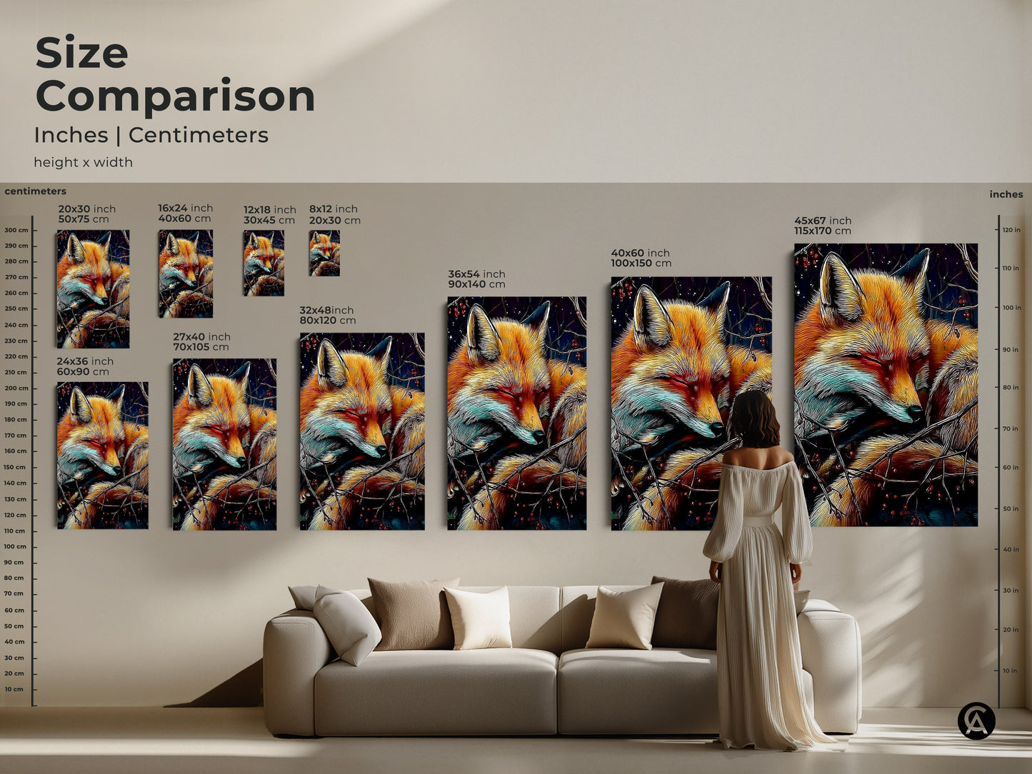 The size comparison of sleeping fox art is shown. Sizes in inches and centimeters are displayed. Find the best size wildlife artwork for your space. Decorate your home with eclectic nature accents and unique animal art.