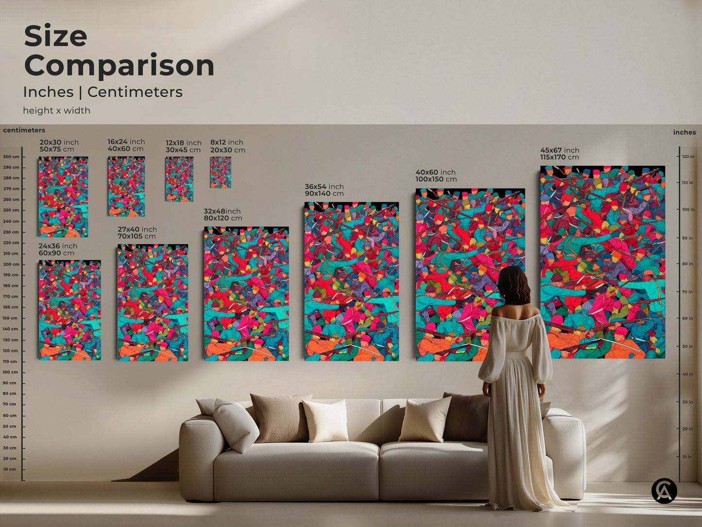 Size comparison of historical battle scene prints in inches and centimeters. See how different sizes of the artwork fit in a living space. The art features soldiers with muskets in teal orange and red. Ideal for adding an eclectic touch to your home.