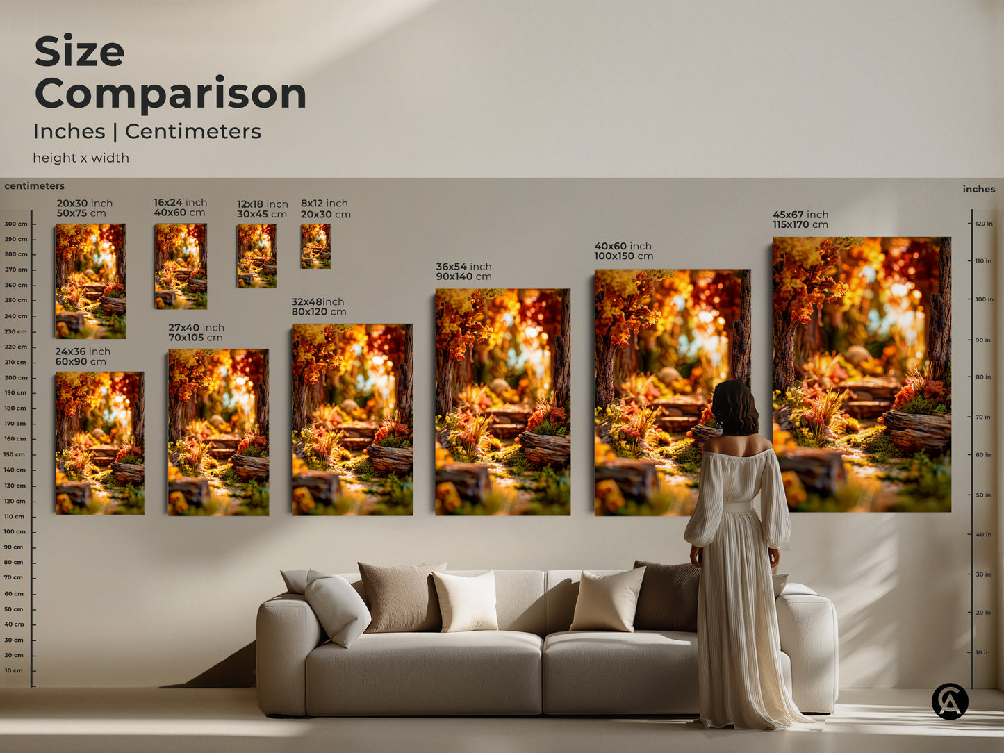 Size comparison of forest path artwork in inches and centimeters. Various sizes are available for canvas and poster prints. Visualize how each size fits above a couch. Perfect for planning your home decor with nature art.