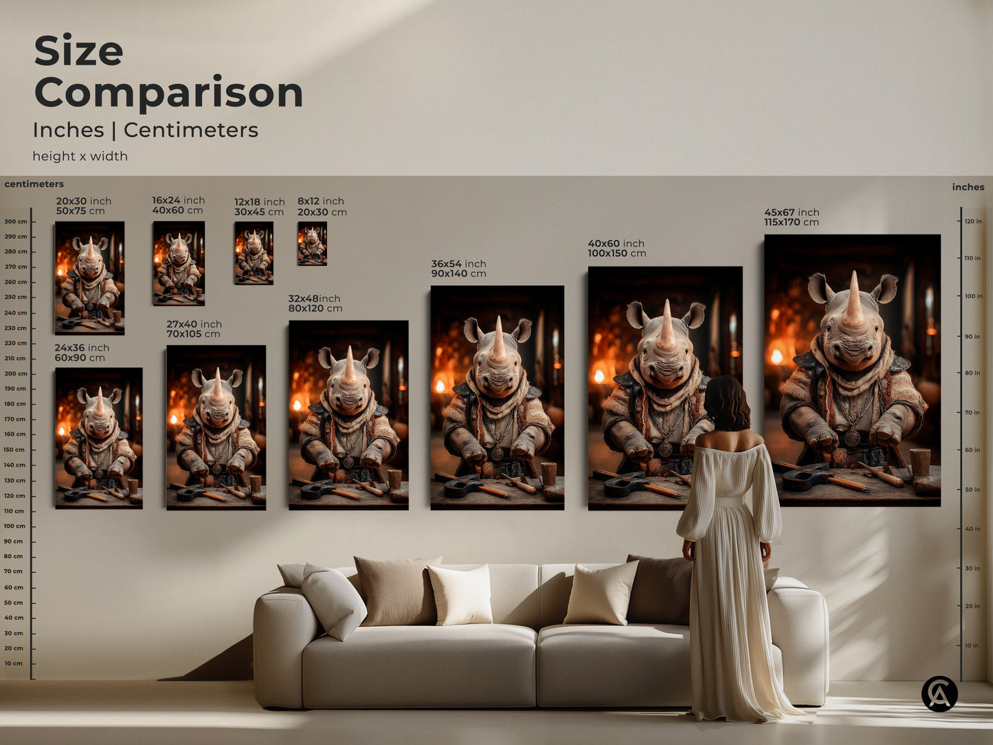 Size comparison of the fantasy rhino character art print. It shows various sizes displayed in a living room setting. Find the perfect fit for eclectic home or office decor. Available in multiple sizes to suit any space. These art prints are great gifts for animal lovers adding character and charm.