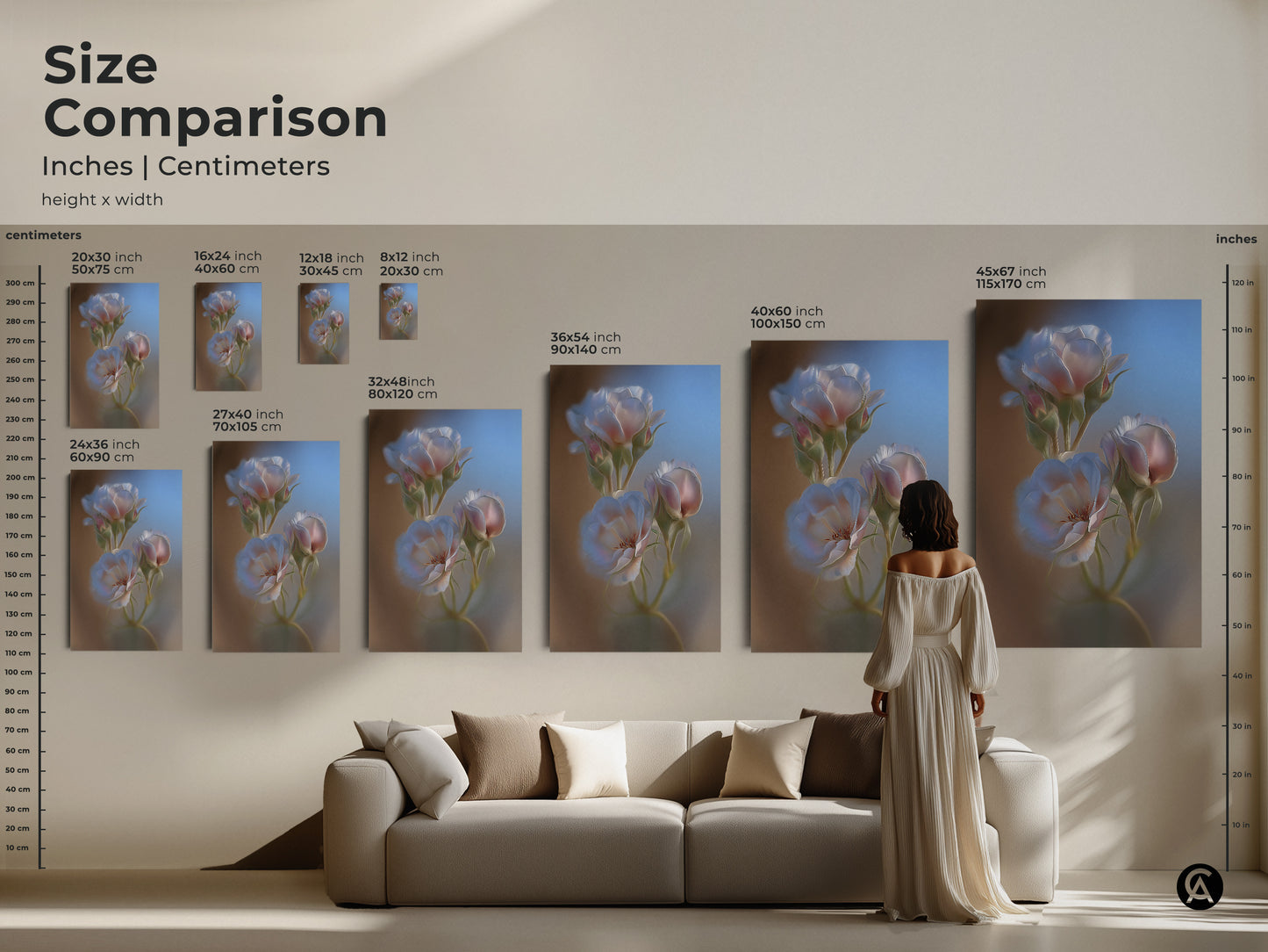 A size comparison of botanical rose prints in inches and centimeters. The artwork is displayed in various sizes above a sofa. Sizes range from small to large. This helps visualize the artwork's impact in a living room setting.