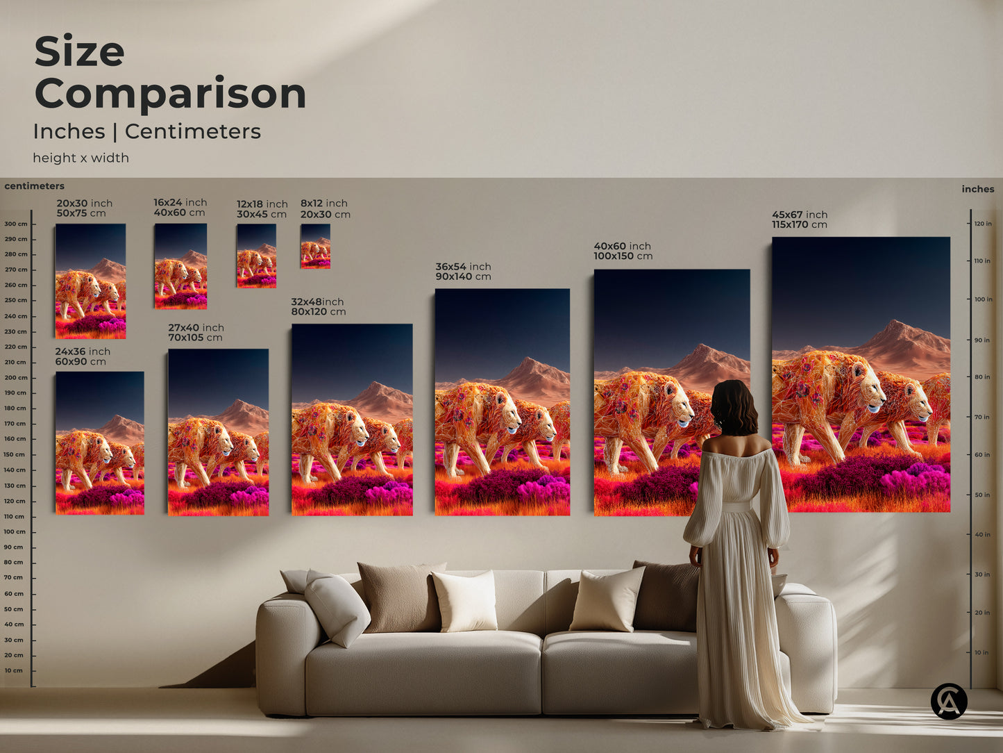 Size comparison of geometric lion prints in inches and centimeters. Ranging from 8x12 inch to 45x67 inch. These canvas and poster prints are ideal for creating a stunning safari wall. Transform your living room with vibrant earthy ochre and tangerine tones. Perfect boho home decor.