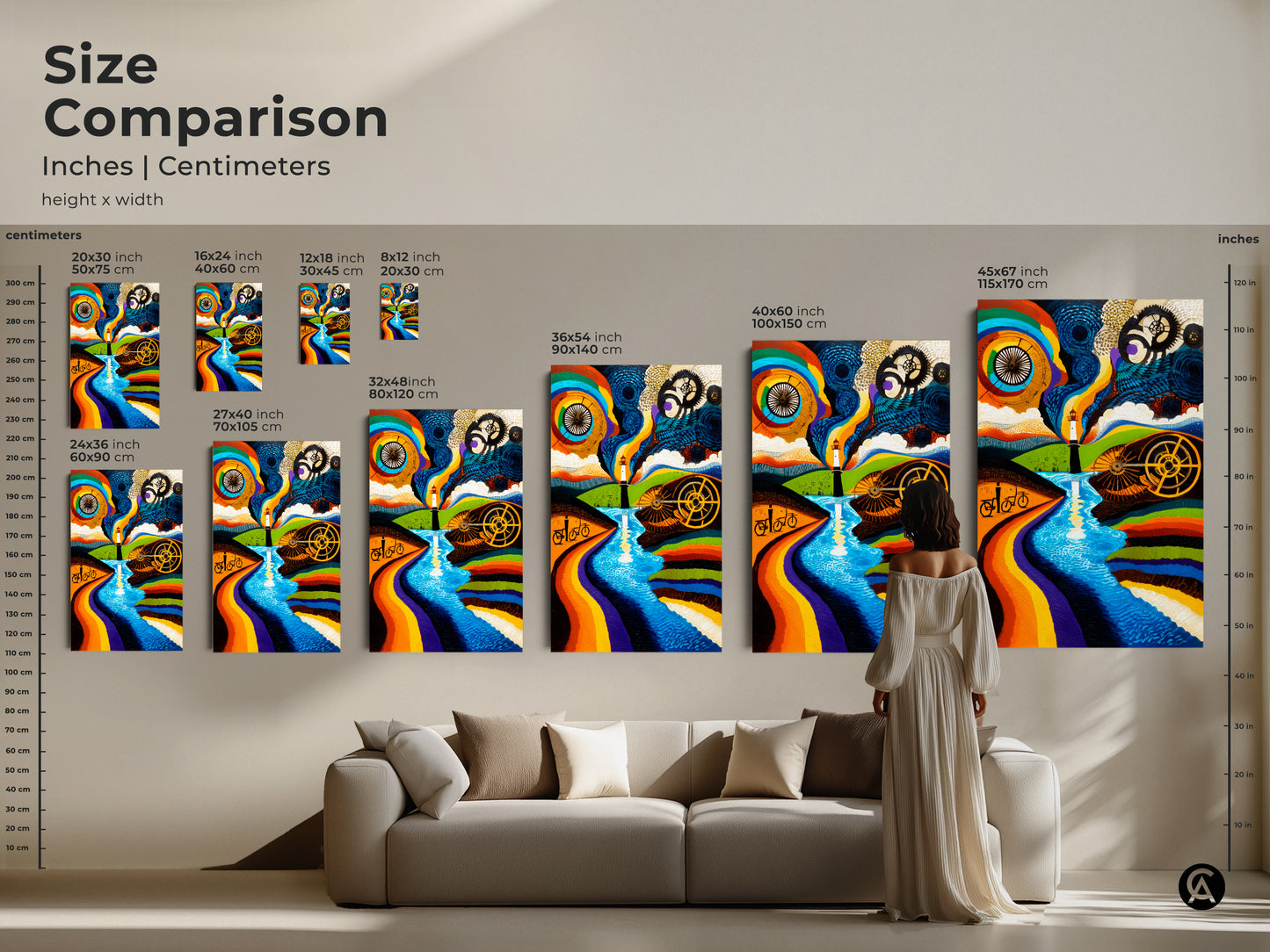 A size comparison presents the abstract road bike artwork. See how the canvas looks above a couch. Sizes range from small to extra large. Find the perfect fit for your space.