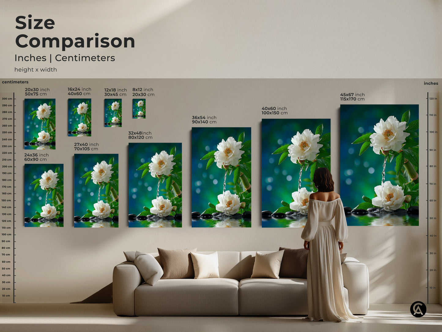 Size comparison of floral art prints in inches and centimeters. Visualize different sizes to find the perfect fit. From small to extra large canvas and poster options are available. Enhance your home decor today.