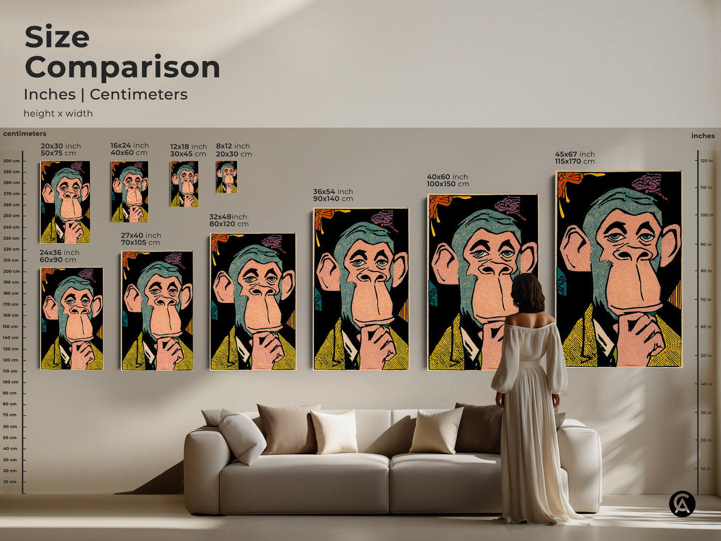Size comparison of Bored Ape NFT artwork in a living room. Various sizes are available to fit your space. This artwork is perfect for any NFT enthusiast. Choose from canvas and poster prints.