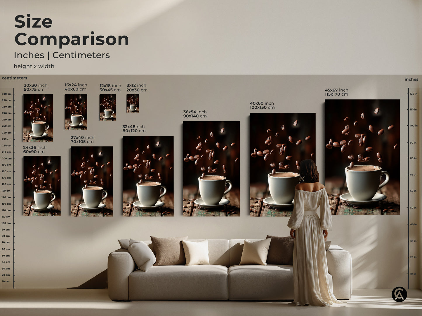 This size comparison shows various dimensions in inches and centimeters. It features minimalist coffee cup art with falling beans. The artwork sizes range from small to large. This visual guide helps you choose the perfect piece. Envision how it will enhance your living room decor.