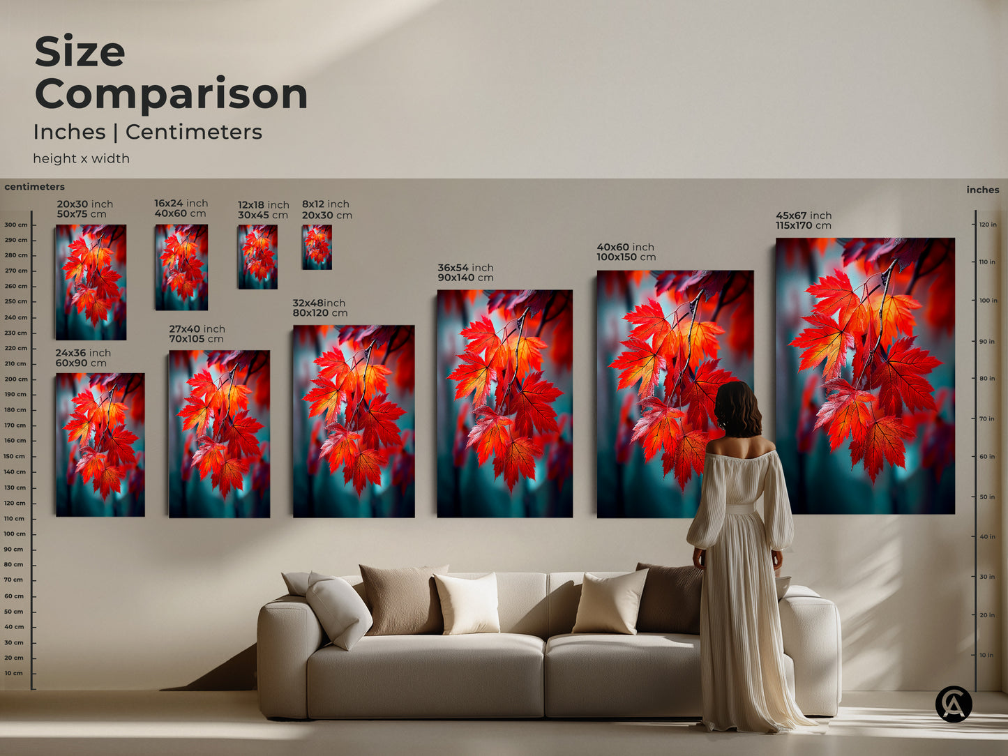 Size comparison of inches and centimeters for art prints. Art sizes from small to large are shown. A woman stands by the largest art print to show its size. Choose the perfect size for your space. You can easily transform your home.