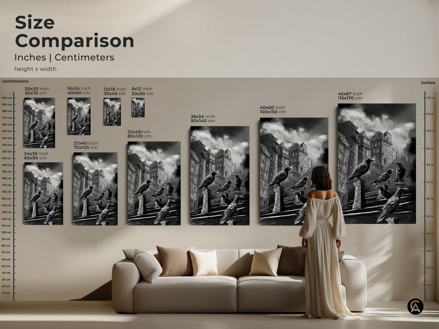 Size comparison of gothic crow art prints in inches and centimeters. See how the dark academia cityscape wall art fits above a sofa. Choose from various sizes of this black and white urban architecture canvas. A gothic literature fan gift with a raven perched on building art. Elevate your space with gothic wall decor. Perfect for dark academia study decor.