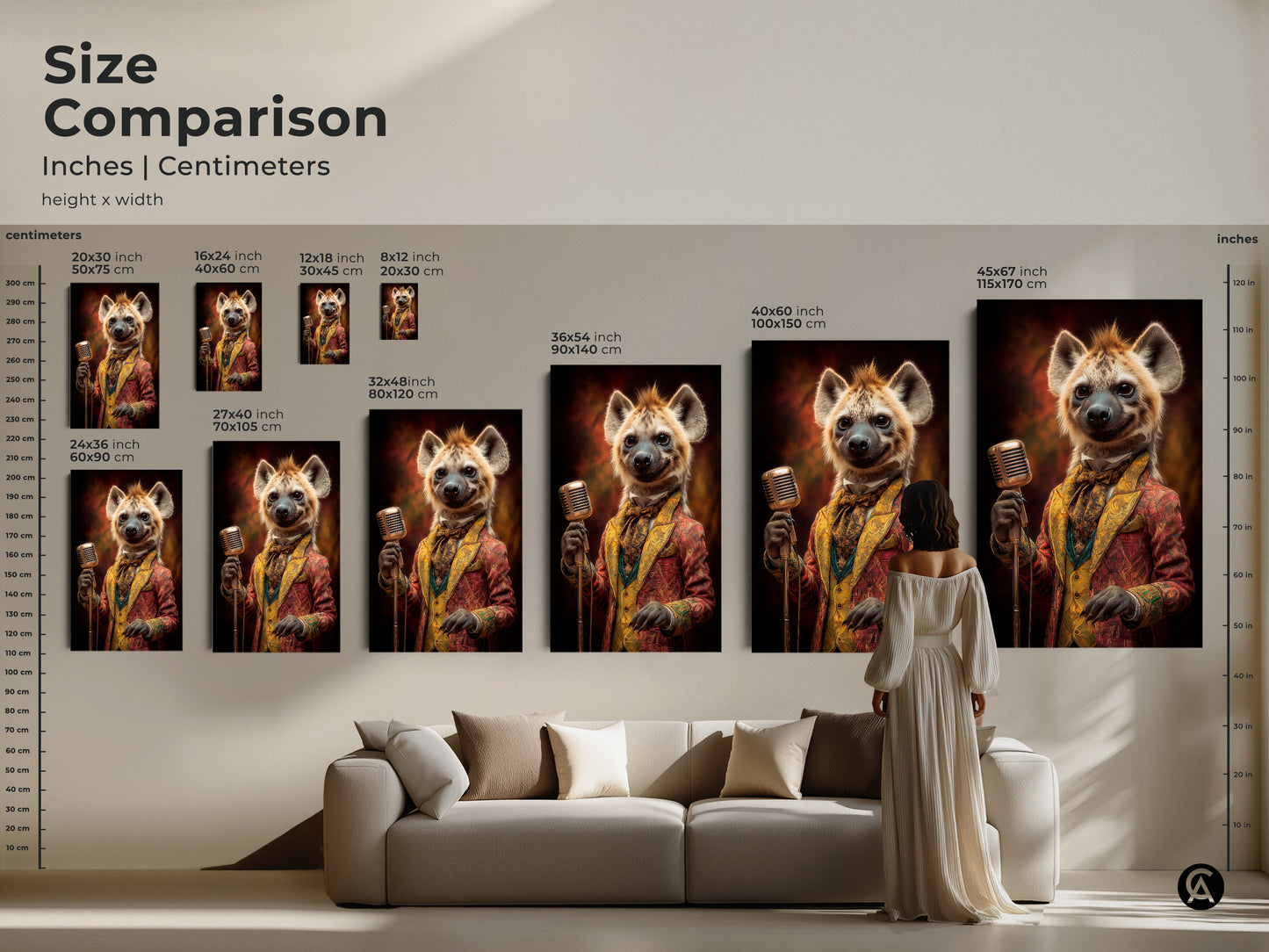 Size comparison of the dapper hyena musician wall artwork in inches and centimeters. The artwork goes well above a couch. See various sizes of retro animal prints for eclectic home decor. This art makes a perfect gift for music lovers in vintage style.