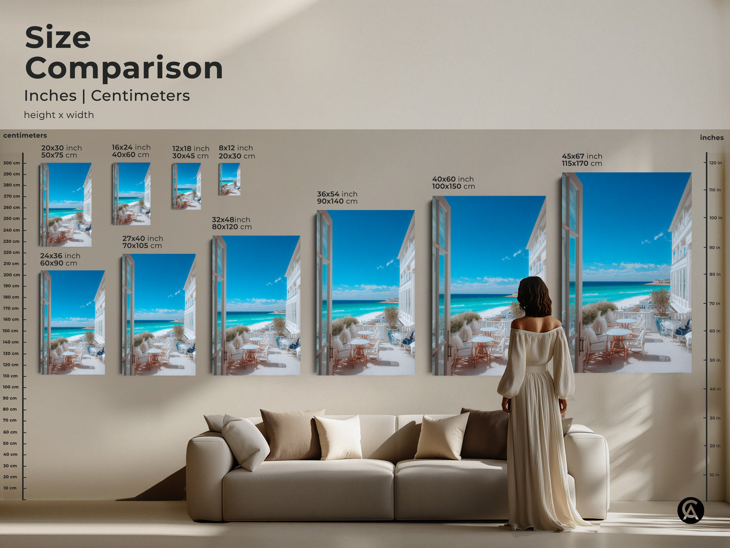 Size comparison of beach view artwork in inches and centimeters. See how the art transforms a living space. Choose the ideal dimensions to complement your home decor style. Beach art