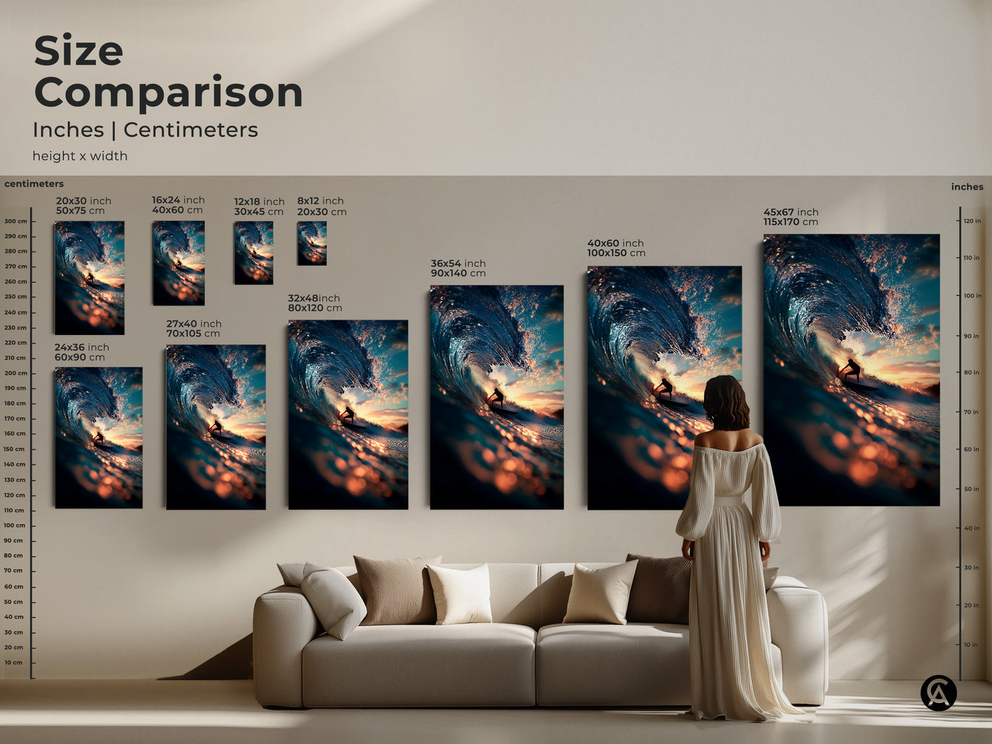 Compare sizes of this surfer wave artwork to find the ideal piece. See how each canvas or poster print looks in different dimensions. Visualize the art in a living room setting. Choose the perfect size to transform your space with coastal beauty. Shop now.